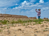 Staff members are conducting site investigation and data collection at the JinshanZi section of the Ming Great Wall in Zhangye, China, on Ju...