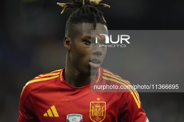 Nico Williams left winger of Spain and Athletic Club Bilbao during the UEFA EURO 2024 group stage match between Spain and Italy at Arena Auf...