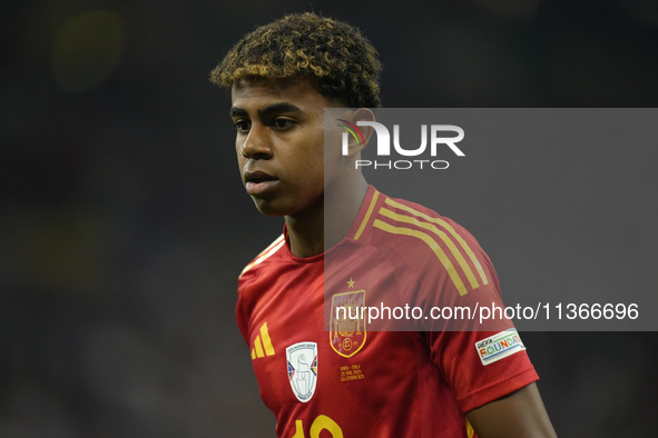 Lamine Yamal right winger of Spain and FC Barcelona during the UEFA EURO 2024 group stage match between Spain and Italy at Arena AufSchalke...