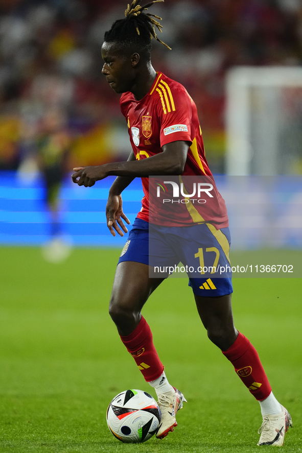 Nico Williams left winger of Spain and Athletic Club Bilbao during the UEFA EURO 2024 group stage match between Spain and Italy at Arena Auf...