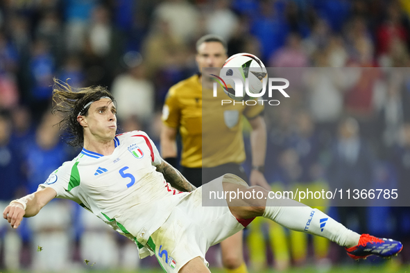 Riccardo Calafiori centre-back of Italy and Bologna FC 1909 during the UEFA EURO 2024 group stage match between Spain and Italy at Arena Auf...