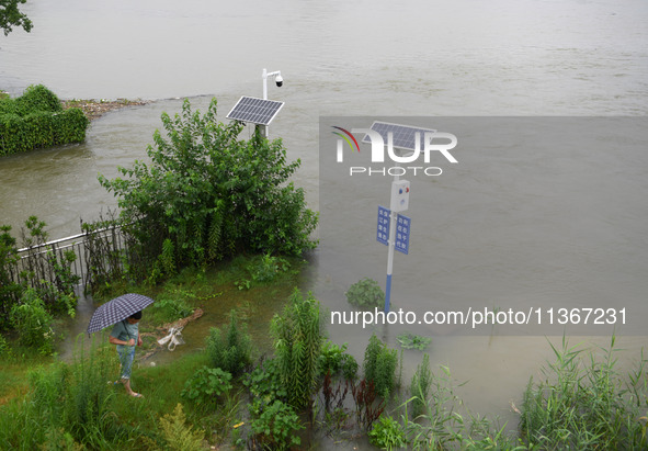 Citizens are checking the flooded riverbank in Jiujiang city, East China's Jiangxi province, on June 28, 2024. The water level at Jiujiang S...