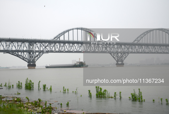 Ships are sailing past the Jiujiang Yangtze River Bridge with high water levels, most of the piers submerged by river water, in Jiujiang, Ch...