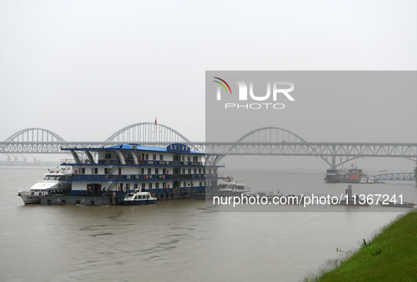 The Jiujiang section of the Yangtze River is being seen at high water level in Jiujiang, China, on June 28, 2024. The water level at Jiujian...