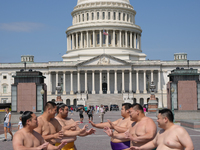 Several Japanese sumo wrestlers are participating in an exhibition event in Washington, DC, on June 28, 2024.  (