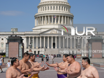 Several Japanese sumo wrestlers are participating in an exhibition event in Washington, DC, on June 28, 2024.  (