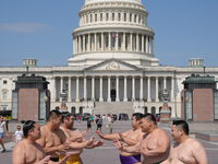 Several Japanese sumo wrestlers are participating in an exhibition event in Washington, DC, on June 28, 2024.  (