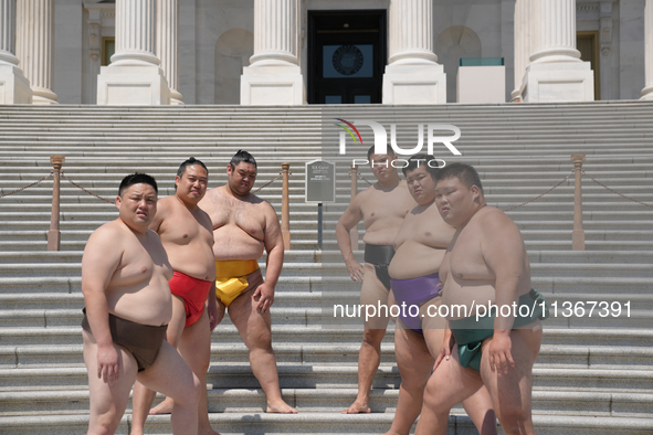 Several Japanese sumo wrestlers are participating in an exhibition event in Washington, DC, on June 28, 2024.  