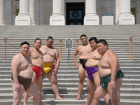 Several Japanese sumo wrestlers are participating in an exhibition event in Washington, DC, on June 28, 2024.  (