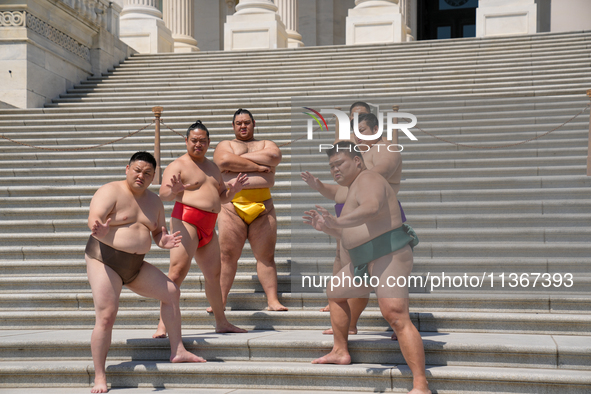 Several Japanese sumo wrestlers are participating in an exhibition event in Washington, DC, on June 28, 2024.  