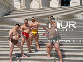 Several Japanese sumo wrestlers are participating in an exhibition event in Washington, DC, on June 28, 2024.  (