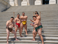 Several Japanese sumo wrestlers are participating in an exhibition event in Washington, DC, on June 28, 2024.  (