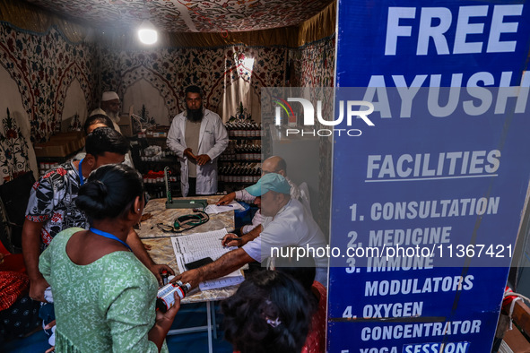 Medical facilities are being provided for free to sick devotees of Amarnath Yatra at Nunwan Basecamp in Pahalgam, Jammu and Kashmir, India,...