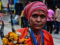 Sita Devi from UP is arriving at Nunwan basecamp from where she will leave for Amarnath Cave the next morning in Pahalgam, Jammu and Kashmir...