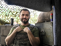 An aerial reconnaissance man of the 148th separate artillery brigade of the Ukrainian Air Assault Forces is posing for a picture in the Done...