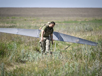 In Donetsk region, Ukraine, on June 13, 2024, aerial reconnaissance men of the 148th separate artillery brigade of the Ukrainian Air Assault...