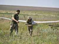 In Donetsk region, Ukraine, on June 13, 2024, aerial reconnaissance men of the 148th separate artillery brigade of the Ukrainian Air Assault...