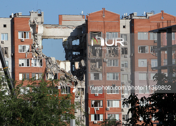 Rescuers are carrying out a search and rescue effort at the apartment block hit by the Russian missile in Dnipro, Ukraine, on June 29, 2024....