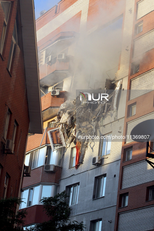 An apartment block is being pictured after it was hit by a Russian missile in Dnipro, Ukraine, on June 28, 2024. Russian troops are attackin...