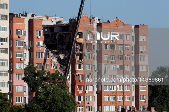 An apartment block is being damaged by the June 28 Russian missile attack in Dnipro, Ukraine, on June 29, 2024. Russian troops are attacking...