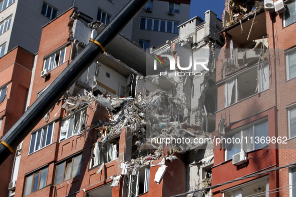 An apartment block is being damaged by the June 28 Russian missile attack in Dnipro, Ukraine, on June 29, 2024. Russian troops are attacking...