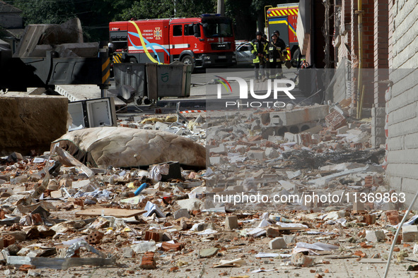 Rubble is lying on the ground outside the apartment block damaged by the June 28 Russian missile attack in Dnipro, Ukraine, on June 29, 2024...