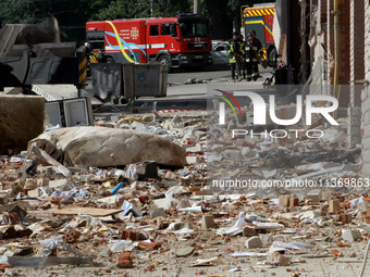 Rubble is lying on the ground outside the apartment block damaged by the June 28 Russian missile attack in Dnipro, Ukraine, on June 29, 2024...