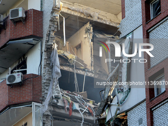 An apartment block is being damaged by the June 28 Russian missile attack in Dnipro, Ukraine, on June 29, 2024. Russian troops are attacking...