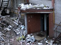 The entrance to an apartment block damaged by the June 28 Russian missile attack is being pictured in Dnipro, Ukraine, on June 29, 2024. Rus...