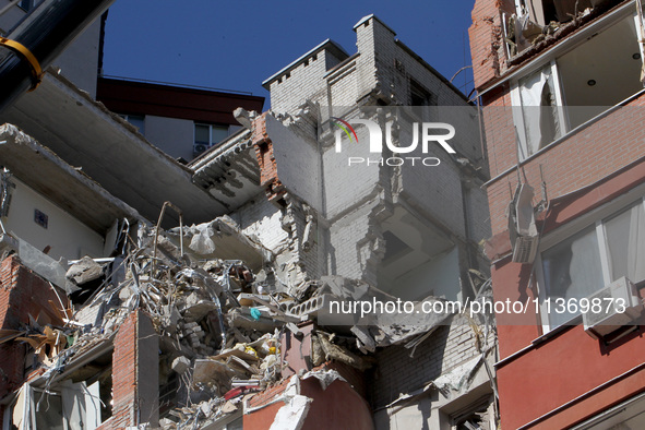 An apartment block is being damaged by the June 28 Russian missile attack in Dnipro, Ukraine, on June 29, 2024. Russian troops are attacking...