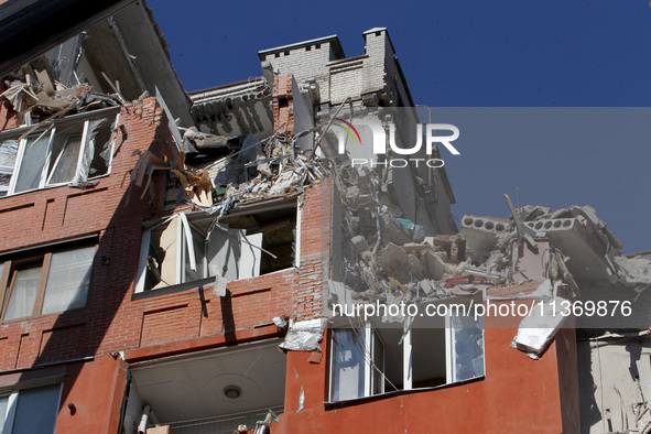 An apartment block is being damaged by the June 28 Russian missile attack in Dnipro, Ukraine, on June 29, 2024. Russian troops are attacking...