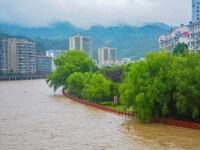 The water level of Yaqian River is rising after heavy rainfall in Anqing, China, on June 29, 2024. (