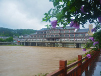 The water level of Yaqian River is rising after heavy rainfall in Anqing, China, on June 29, 2024. (