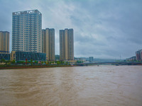 The water level of Yaqian River is rising after heavy rainfall in Anqing, China, on June 29, 2024. (