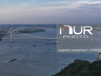 Ships are sailing on the Nanjing section of the Yangtze River in Nanjing, China, on June 29, 2024. (