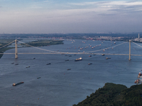 Ships are sailing on the Nanjing section of the Yangtze River in Nanjing, China, on June 29, 2024. (