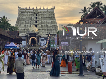 A crowd of devotees is visiting the Sree Padmanabhaswamy Temple in Thiruvananthapuram (Trivandrum), Kerala, India, on April 12, 2024. (