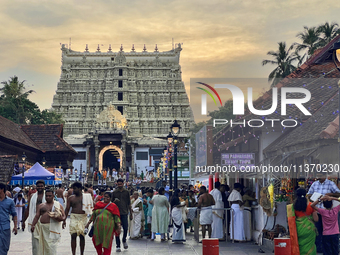 A crowd of devotees is visiting the Sree Padmanabhaswamy Temple in Thiruvananthapuram (Trivandrum), Kerala, India, on April 12, 2024. (