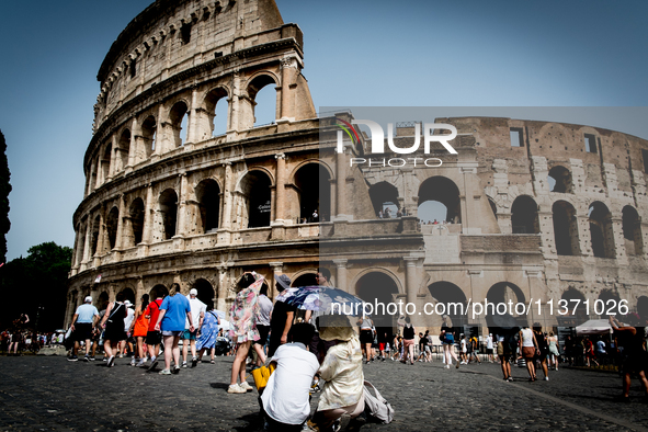 Tourists are visiting the Colosseum area, where temperatures are reaching 36 degrees Celsius in Rome, Italy, on June 29, 2024. 