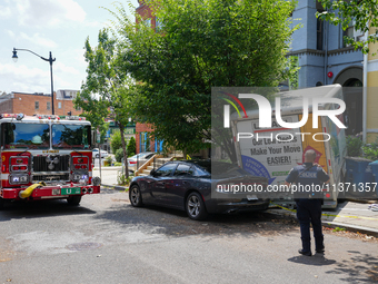 A U-haul truck is driving up the stairs and into a massage parlor in the Adams Morgan neighborhood of Washington D.C. No one is injured. (