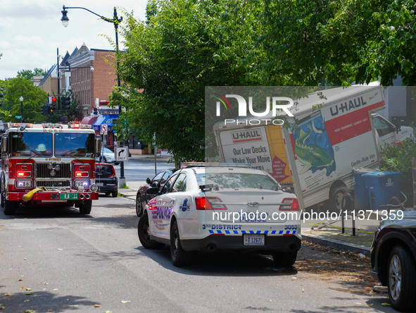 A U-haul truck is driving up the stairs and into a massage parlor in the Adams Morgan neighborhood of Washington D.C. No one is injured. 