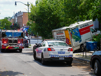 A U-haul truck is driving up the stairs and into a massage parlor in the Adams Morgan neighborhood of Washington D.C. No one is injured. (