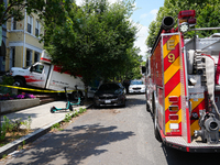 A U-haul truck is driving up the stairs and into a massage parlor in the Adams Morgan neighborhood of Washington D.C. No one is injured. (