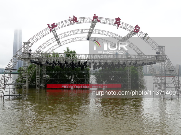 The Hankou Riverbank Park of the Yangtze River is flooding in Wuhan, China, on June 29, 2024. Heavy rain is continuing in Wuhan. 