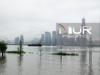 The Hankou Riverbank Park of the Yangtze River is flooding in Wuhan, China, on June 29, 2024. Heavy rain is continuing in Wuhan. (