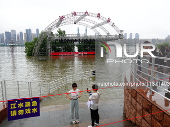 The Hankou Riverbank Park of the Yangtze River is flooding in Wuhan, China, on June 29, 2024. Heavy rain is continuing in Wuhan. (