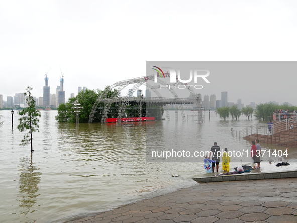 The Hankou Riverbank Park of the Yangtze River is flooding in Wuhan, China, on June 29, 2024. Heavy rain is continuing in Wuhan. 