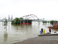 The Hankou Riverbank Park of the Yangtze River is flooding in Wuhan, China, on June 29, 2024. Heavy rain is continuing in Wuhan. (