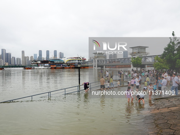 The Hankou Riverbank Park of the Yangtze River is flooding in Wuhan, China, on June 29, 2024. Heavy rain is continuing in Wuhan. 