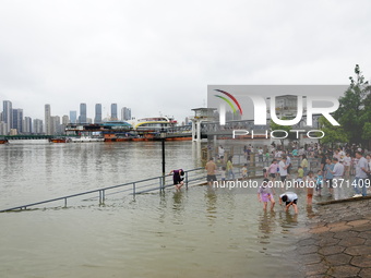 The Hankou Riverbank Park of the Yangtze River is flooding in Wuhan, China, on June 29, 2024. Heavy rain is continuing in Wuhan. (